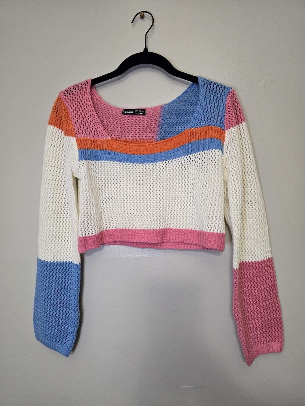 SHEIN Pink, Blue, Orange & White Open-Knit Cropped Sweater
